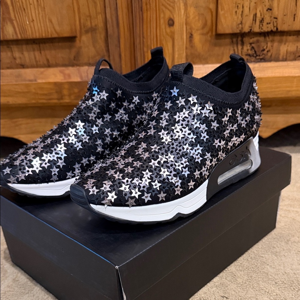 Ash Lightning Star Slip On Wedge Sneakers Black and Silver